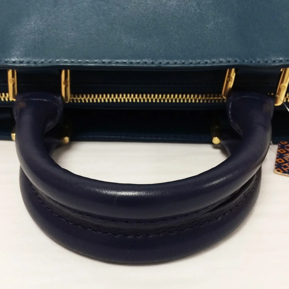 Tory Burch Penelope Satchel Teal Leather Suede Navy Handles Crossbody Strap